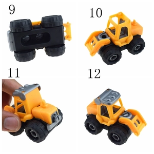 Detailed views of mini DIY assembly yellow excavator and bulldozer toy models