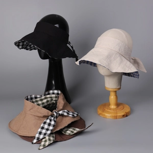 Three foldable linen visors in black, beige, and coffee colors with plaid bow ties