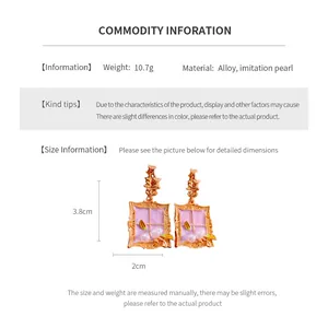 Detailed sizing guide showing vintage square enamel pearl earrings with exact measurements