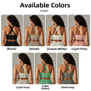 Detailed back view of seamless sports bras in seven colors with crisscross back design