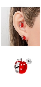Macro shot of red apple earring with S925 silver star detail and screw back closure