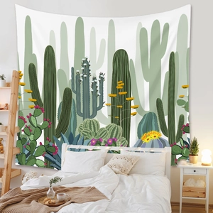 Bedroom wall scene with bohemian tapestry featuring cactus and succulent botanical art
