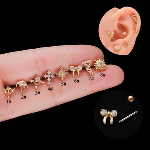 Stainless Steel Ear Cartilage Studs Copper Zircon Bow Star Heart Piercing Earrings Screw Back Jewelry For Women