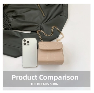 Comparison of mini nude beige chain bag size next to a smartphone on a white surface