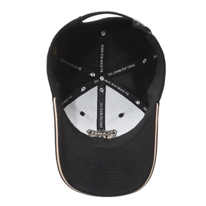 Internal view of black cotton baseball cap with embroidered panels and reinforced tape