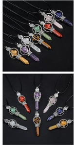 Rotating Merkaba star and hexagonal crystal column pendants with silver floral caps
