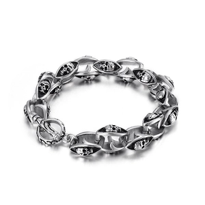 Men's double skull link bracelet in vintage silver stainless steel with toggle clasp