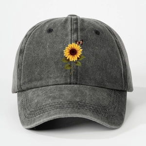 Charcoal grey washed baseball cap with sunflower and butterfly prints for women