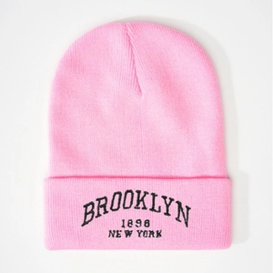 Pink knit beanie with Brooklyn 1898 New York embroidery in a retro style