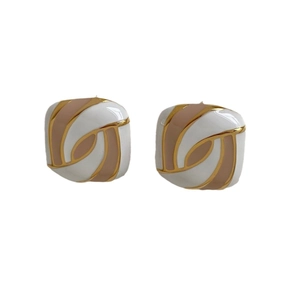Chic square enamel earrings in white and nude with gold trim on a clean white background