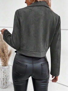 Back view of a cropped charcoal suede jacket for women with slim fit and lapel collar