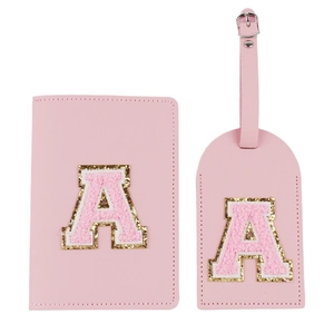 Pink PU leather passport holder and luggage tag set with chenille letter A glitter patch