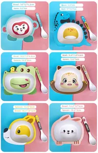 Detailed size comparison of diverse animal cartoon bamboo fiber bowls and spoons
