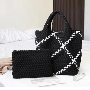 Retro Woven Neoprene Large Tote And Zipper Pouch Versatile Casual Fashion Accessory For Women