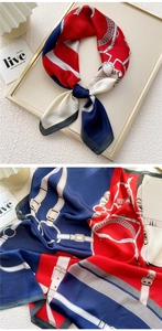 Detail of silk-feel square scarf with nautical belt print in red navy and ivory