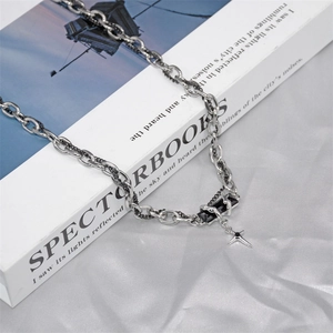 Men's silver double-layer necklace with black gem pendant and cross charm on book