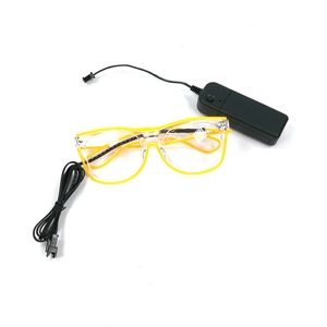 Yellow LED glasses with connected battery pack and cable for music festivals and parties