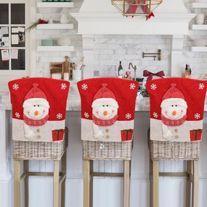 Festive Christmas chair covers with 3D snowman embroidery in red and beige linen