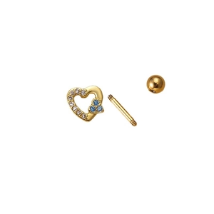 Golden heart-shaped stud earring with blue and white zircon and screw-back closure