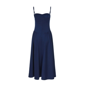 Detail view of the back zipper and fabric texture of the navy blue midi dress
