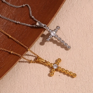 Vintage 18K gold and silver stainless steel cross necklaces with center zircon beads
