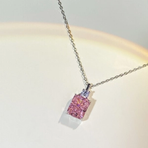 925 silver necklace featuring a radiant pink rectangular stone and white zircon pendant