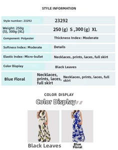Tableau des tailles et variantes de couleurs pour robe longue fleurie à licou