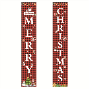 Close-up of red and black buffalo plaid Christmas banners with Merry Christmas lettering