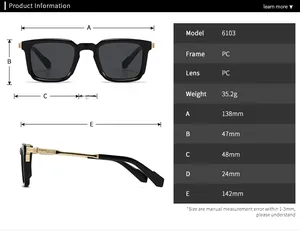Detailed size chart and dimensions for model 6103 square frame retro sunglasses
