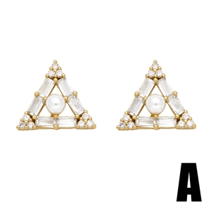 Triangle 18k gold plated pearl stud earrings with zircon crystals for women