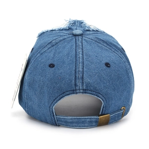 Rear view of washed blue denim baseball cap featuring distressed holes and adjustable metal buckle