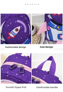 Close-up of purple space-themed toddler backpack with durable zippers and handle