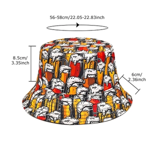Retro summer bucket hat with beer mug print and 56-58cm head circumference size guide