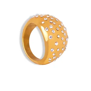 Vintage Wide Band Ring Titanium Steel Gold Plated Domed Geometric Rhinestone Inlaid Luxury Elegant Fashion Jewelry For Women