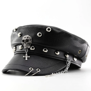 Punk black leather newsboy cap with silver skull, cross, and metallic chain details
