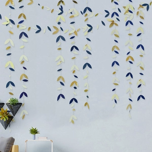 Golden and blue leaf garland paper banner for wedding and birthday party wall decoration