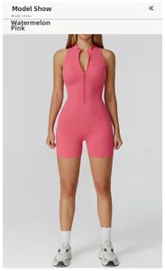 Detail of high-stretch watermelon pink yoga bodysuit featuring front half-zipper and stand collar