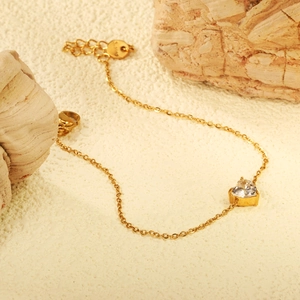 French vintage gold stainless steel bracelet with heart zircon charm on natural rock