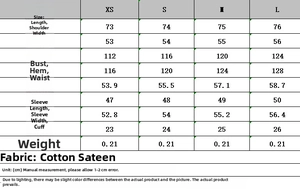 Detailed size chart for poplin shirt including bust and length measurements in cm