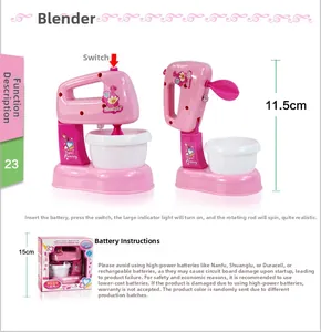 Pink toy blender detail showing the purple power switch and branded retail packaging box