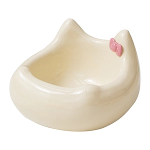 Cute cat-ear ceramic bowl in cream yellow with pink bow for neck protection