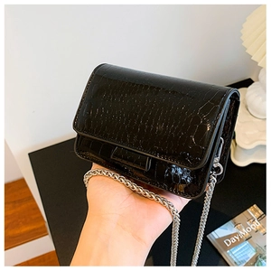 Detail of black crocodile texture mini bag with silver chain strap and flap closure
