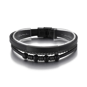 Men's punk multilayer black braided leather bracelet with stainless steel beads and chain