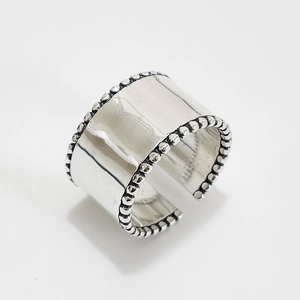 925 Sterling Silver Ring Wide Band Beaded Edge Open Adjustable Vintage Minimalist Geometric Jewelry For Women