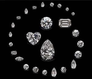 Detailed macro view showing various gemstone cuts like pear, heart and emerald shapes