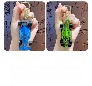 Detailed blue and green alloy formula racing car keychains with golden metal lobster clasps