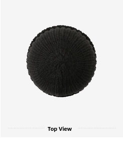 Top view detail of a black knitted beanie showing thick radial stitch texture and pattern