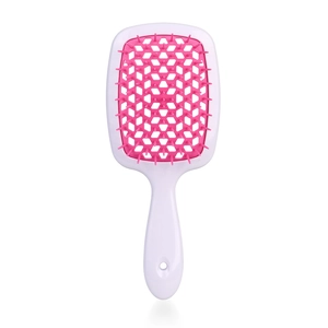Hollow honeycomb hairbrush with pink bristles and ergonomic white handle for wet and dry hair