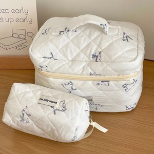 Quilted Cotton Cosmetic Bag Blue Rabbit Print Makeup Organizer Travel Toiletry Storage Pouch Soft Portable Wash Bag