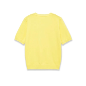 Front view of a minimalist bright yellow short sleeve knit sweater with ribbed cuffs